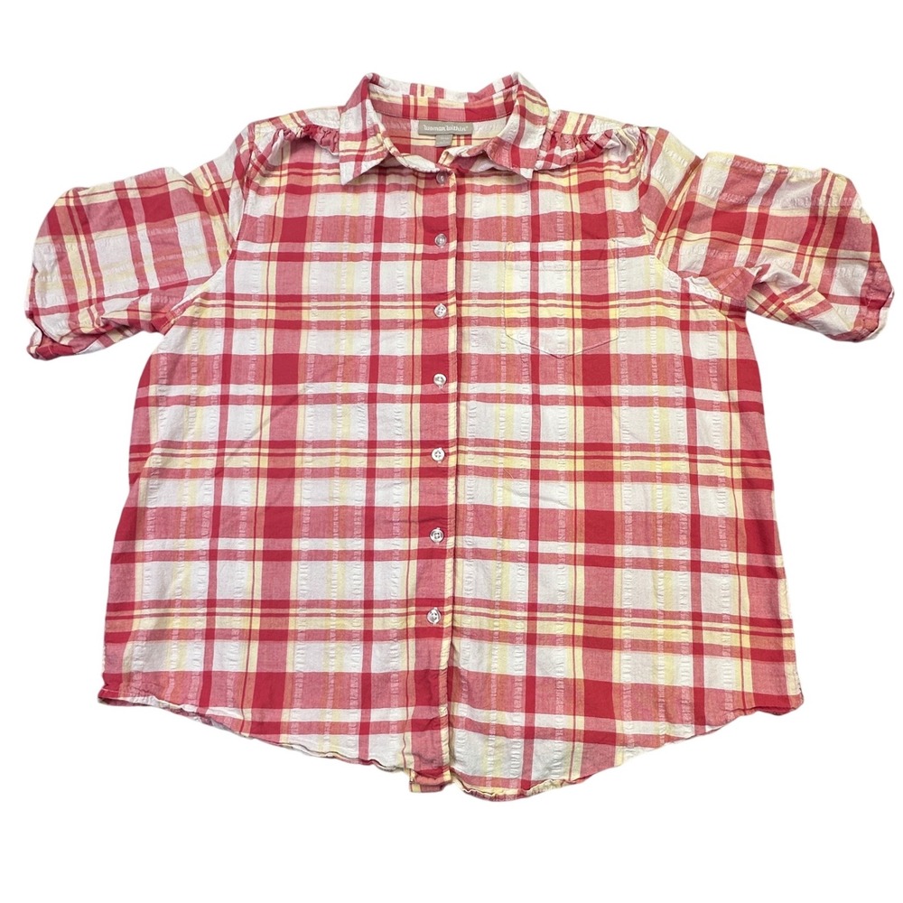 Woman Within Women's Plaid Casual Short Sleeve Shirt Pink‎ Yellow White Large